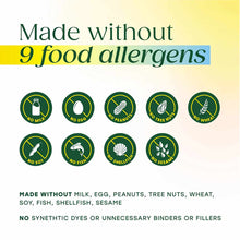 Yellow and cream background displaying nine allergen icons with text stating "Made without 9 food allergens" and ingredient e