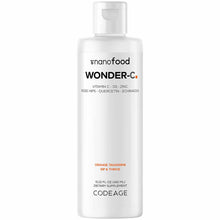 White liquid dietary supplement bottle labeled "nanofood WONDER-C" by Codeage, 15.22 fl oz, containing vitamin C, D3, zinc, a