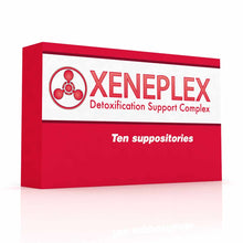 Red and white Xeneplex Detoxification Support Complex box containing ten suppositories with molecular logo.