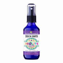 Blue spray bottle of Black Earth Zeolite Detox 4 Kids by The Food Movement, 1 fl oz, with purple and white label.