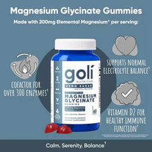 Blue bottle of Goli Nutrition Magnesium Glycinate Gummies with white cap, 60 count, surrounded by product benefit icons on bl