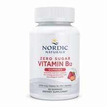 White bottle of Nordic Naturals Zero Sugar Vitamin B12 gummies with white cap and red label showing product name and berry-fl