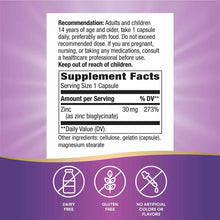 Supplement label for Zinc Chelate 30mg showing serving information, ingredients, and certifications for dairy-free, gluten-fr