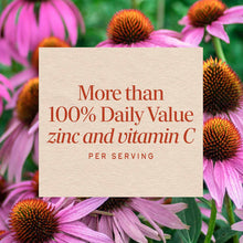 Cream-colored label with red text stating "More than 100% Daily Value zinc and vitamin C per serving" overlaid on purple and