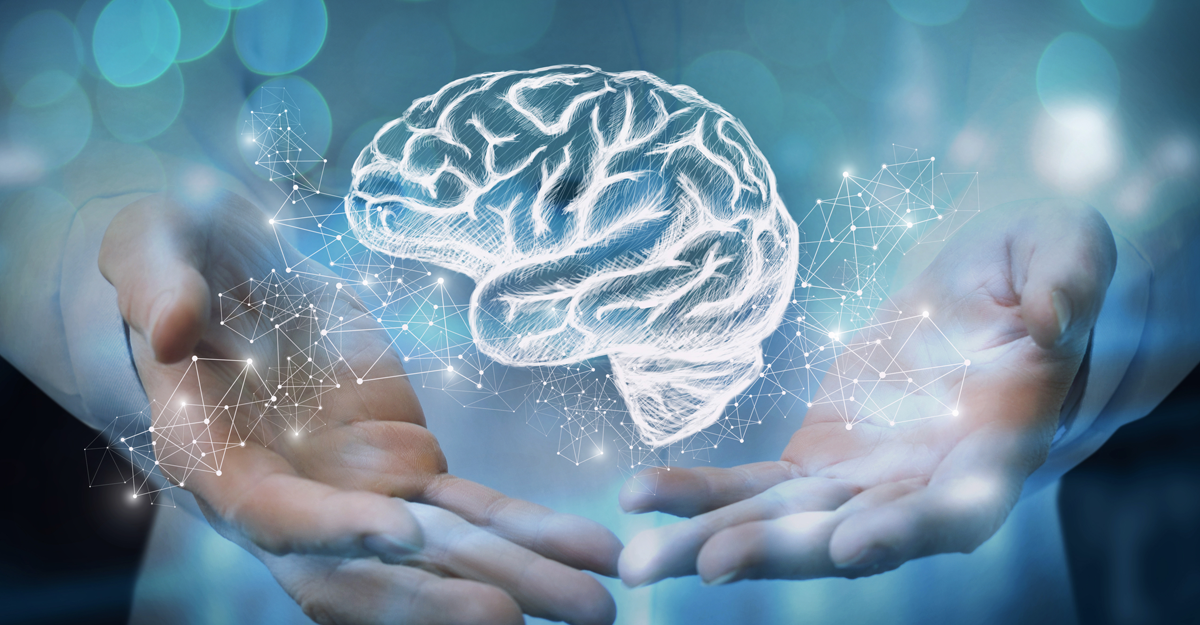 Hands under a digital brain, surrounded by glowing patterns on a blue background