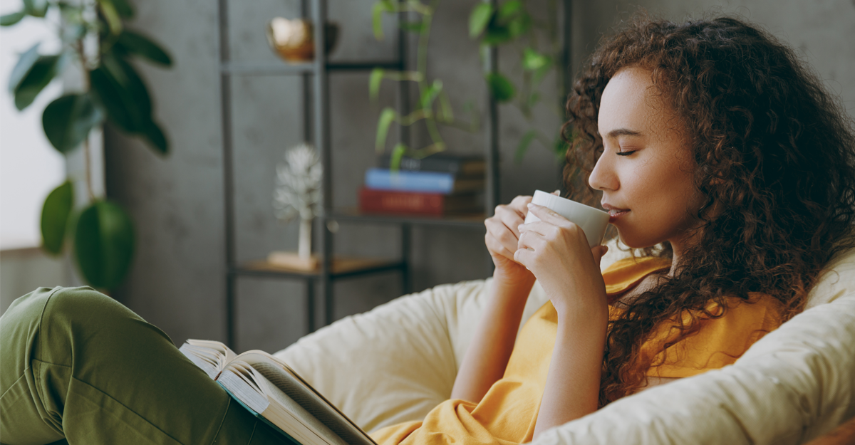 A woman relaxing drinking tea