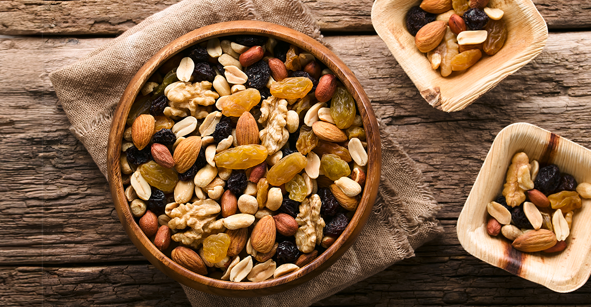 Healthy snack mix in wooden bowls