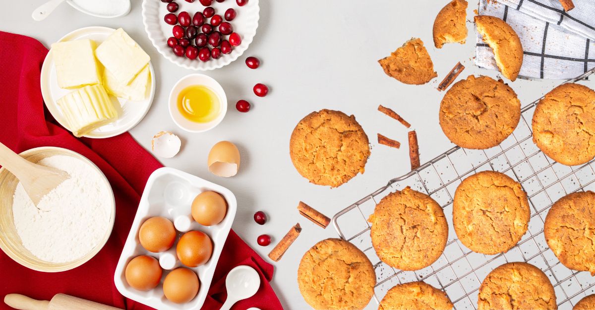 Freshly baked cookies on a cooling rack surrounded by baking ingredients like flour, eggs, butter, cranberries, and cinnamon sticks.