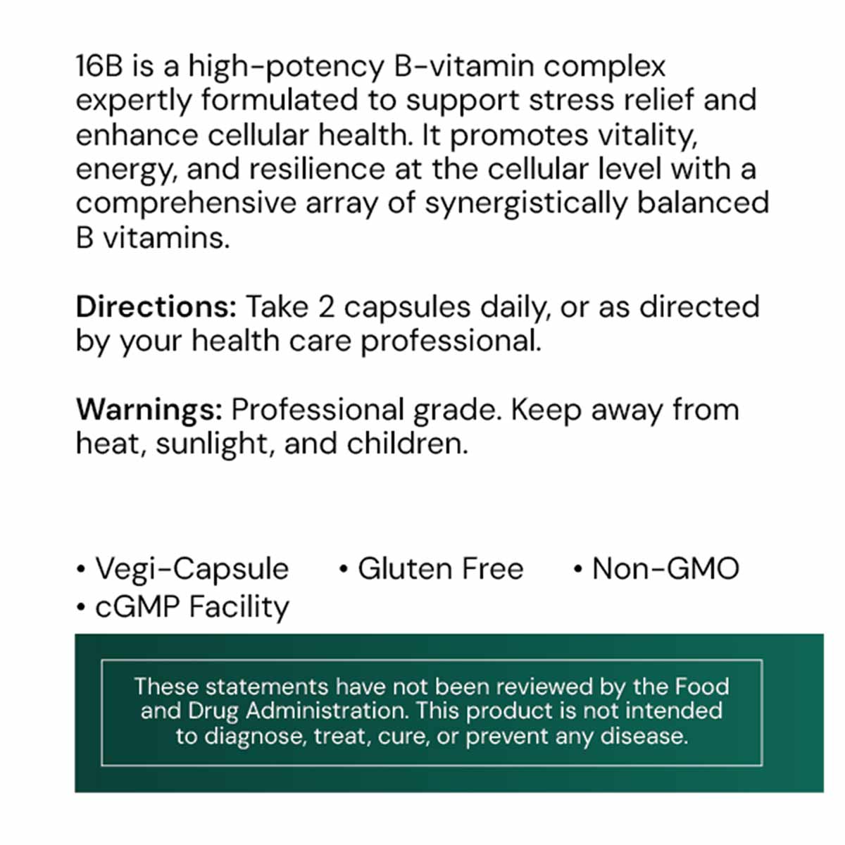 Systemic Formulas 16B vitamin supplement bottle label with product description, directions, warnings, and FDA disclaimer.
