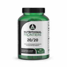 Green bottle with black screw cap labeled "20/20" by Nutritional Frontiers containing 90 vegetarian capsules.