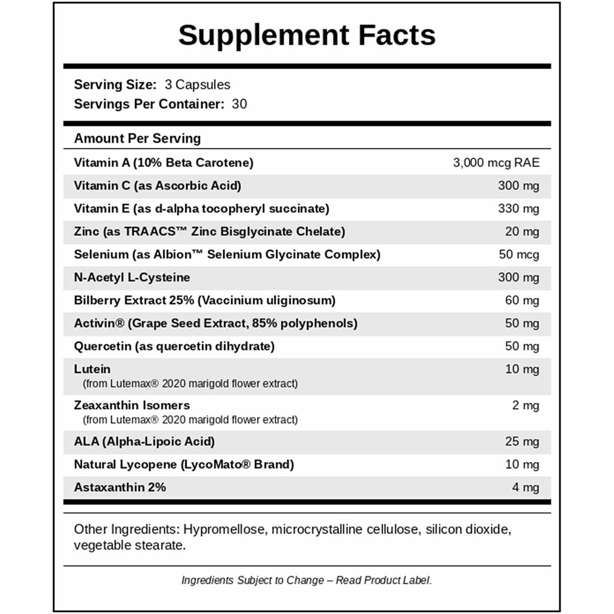 Supplement Facts label for 20/20 Advanced Immune Support showing serving size of 3 capsules with vitamins, minerals, and bota