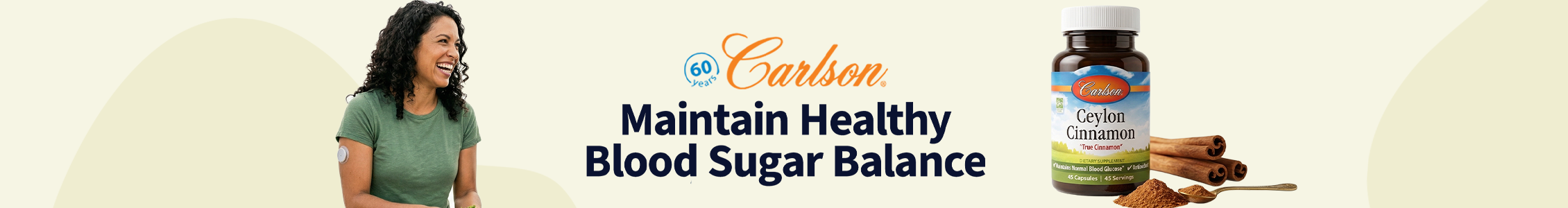Carlson Labs Ceylon Cinnamon with headline "Maintain Healthy Blood Sugar Balance"
