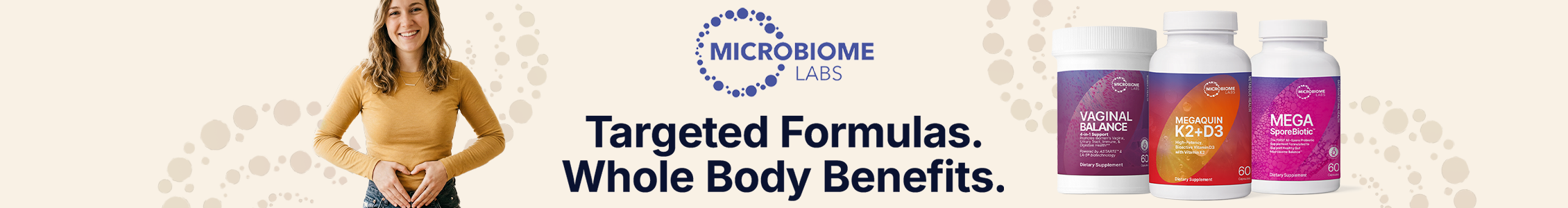 Microbiome Labs supplements with headline "Targeted Formulas. Whole Body Benefits."