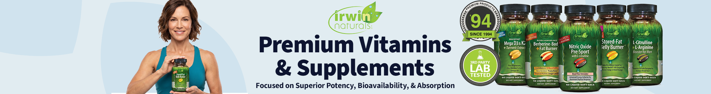 Irwin Naturals supplements with headline Premium Vitamins & Supplements