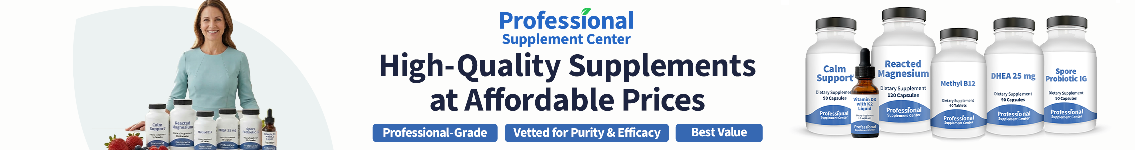 Professional Supplement Center supplements with headline "High-Quality Supplements at Affordable Prices"