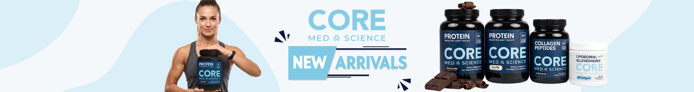 Banner ad for Core Med & Science New Arrivals, featuring a woman flexing her arm while holding a chocolate protein bottle, alongside product shots of Core Med & Science Chocolate and Vanilla Whey Protein Isolate, Collagen Peptides, and Liposomal Glutathione supplements."