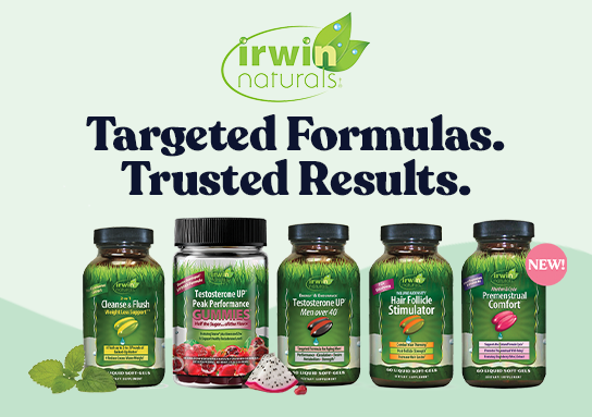 Irwin Naturals banner with tagline 'Targeted Formulas. Trusted Results.' Featured products: Cleanse & Flush, Testosterone Up Peak Performance, Testosterone Up Menopause, Hair Follicle Stimulator, and new Premenstrual Comfort.