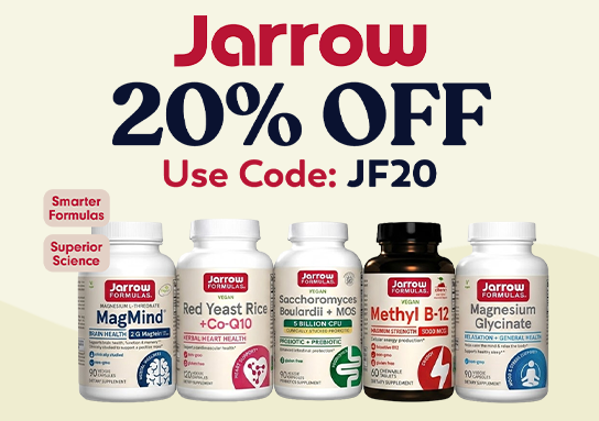 Jarrow Formulas banner with text reading '20% OFF, Use Code: JF20, Smarter Formulas, Superior Science,' and five Jarrow Formulas product bottles: MagMind, Red Yeast Rice + Co-Q10, Saccharomyces Boulardii + MOS, Methyl B-12, and Magnesium Glycinate.