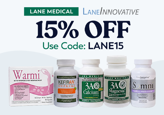Lane Innovative banner with 'Lane Medical' and 'Lane Innovative' logos, text reading '15% OFF, Use Code: LANE15,' and five Lane Innovative products: Warmi, Kefiran Supreme, 3A Calcium, 3A Magnesia, and Somni.