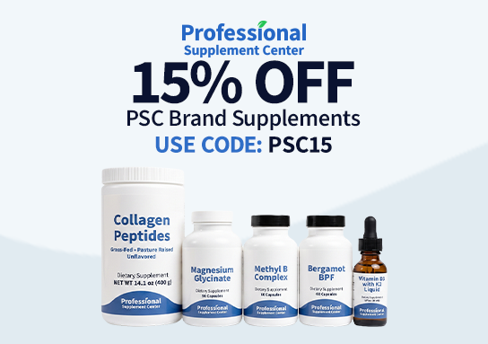 Professional Supplement Center promotional graphic: light blue background with the PSC logo, headline text reading '15% OFF PSC Brand Supplements, Use Code: PSC15' in dark navy and blue, and a lineup of five PSC-branded supplement products below — Collagen Peptides tub, Magnesium Glycinate capsules, Methyl B Complex capsules, Bergamot BPF capsules, and Vitamin D3 with K2 Liquid drops — set against a soft round light blue graphic backdrop
