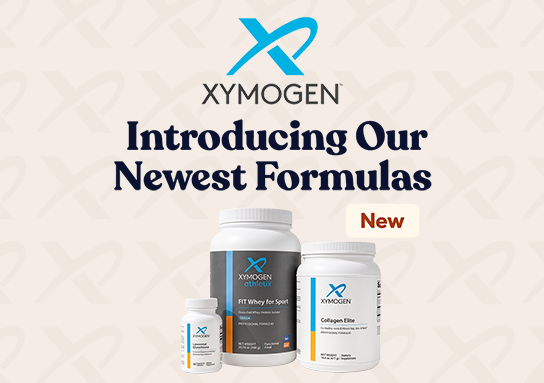 XYMOGEN logo with text reading 'Introducing Our Newest Formulas,' a 'New' badge, and three XYMOGEN products: a small supplement bottle, FIT Whey for Sport, and Collagen Elite