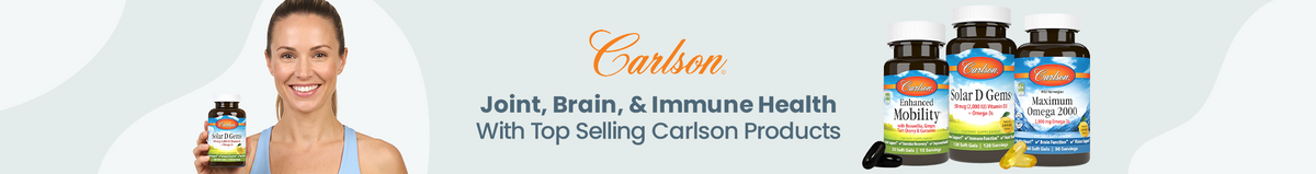 Carlson top sellers for joint, brain, and immune health. Smiling woman holding Carlson Solar D Gems next to bottles of Carlson Enhanced Mobility, Solar D Gems, and Maximum Omega 2000 softgels