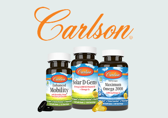 Carlson Enhanced Mobility, Solar D Gems Vitamin D3 with Omega-3s, and Maximum Omega 2000 softgel bottles.
