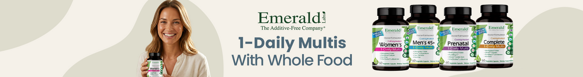 Emerald Labs 1-Daily Multis with whole food. Smiling woman holding Emerald Labs Women's 1-Daily Multi next to bottles of the Women's, Men's 45+, Prenatal, and Complete 1-Daily Multis.