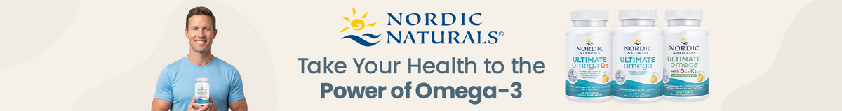 Nordic Naturals: Take your health to the power of omega-3. Smiling man in a blue t-shirt holding a Nordic Naturals bottle next to bottles of Ultimate Omega-D3, Ultimate Omega, and Ultimate Omega with D3 + K2.