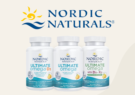 Nordic Naturals Ultimate Omega-D3, Ultimate Omega, and Ultimate Omega with D3 + K2 softgel bottles.