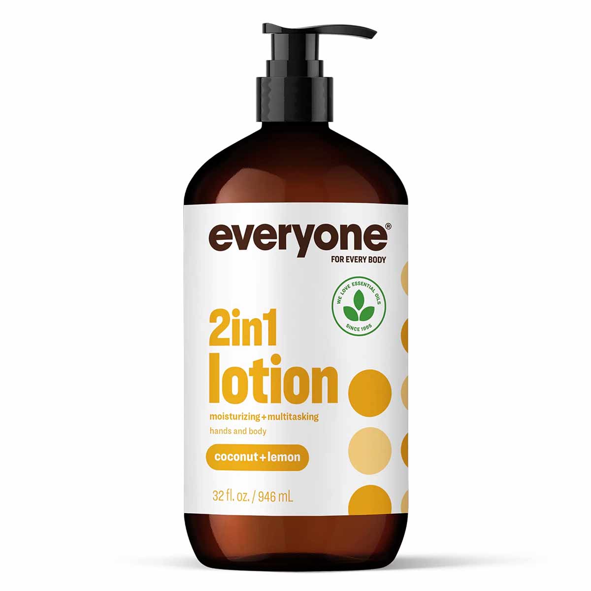 Brown glass bottle with black pump dispenser containing Everyone 2in1 lotion in coconut and lemon scent, 32 fl oz.