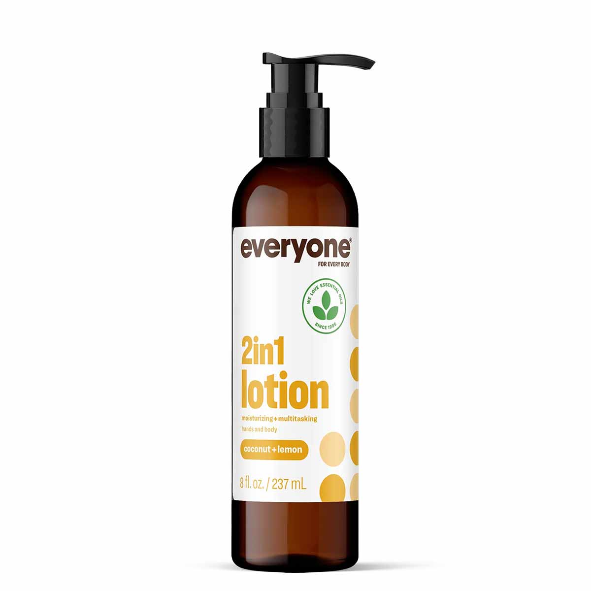 Everyone 2in1 Lotion in coconut and lemon, 8 fl oz bottle with black pump dispenser.