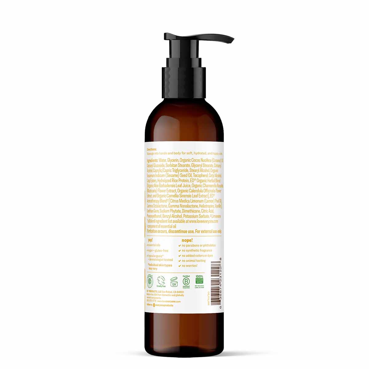 Amber glass bottle with black pump dispenser and beige label containing product information and ingredient list.