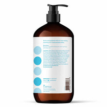 Brown pump bottle with white label featuring blue circular icons and product information for 2-in-1 hand and body lotion.