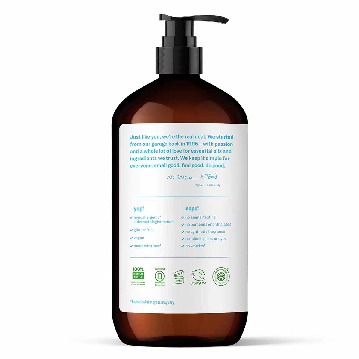 Dark amber pump bottle with white label containing product information, brand story, and certification icons.