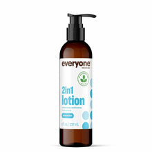Dark amber glass bottle with black pump dispenser containing Everyone 2in1 Lotion, 8 fl oz.