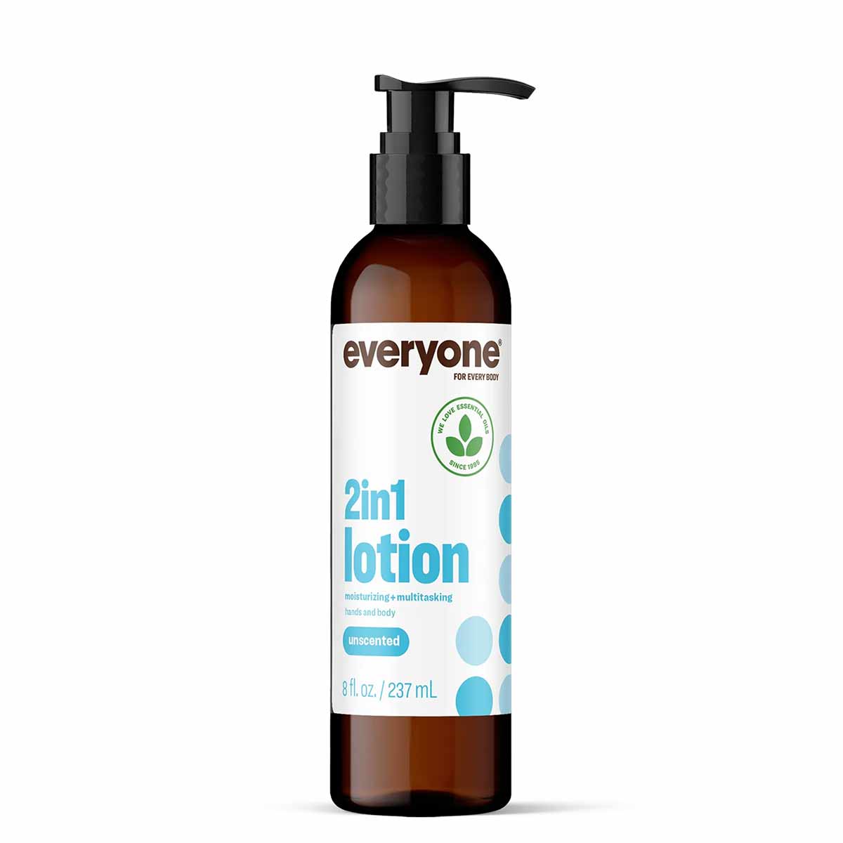 Dark amber glass bottle with black pump dispenser containing Everyone 2in1 Lotion, 8 fl oz.