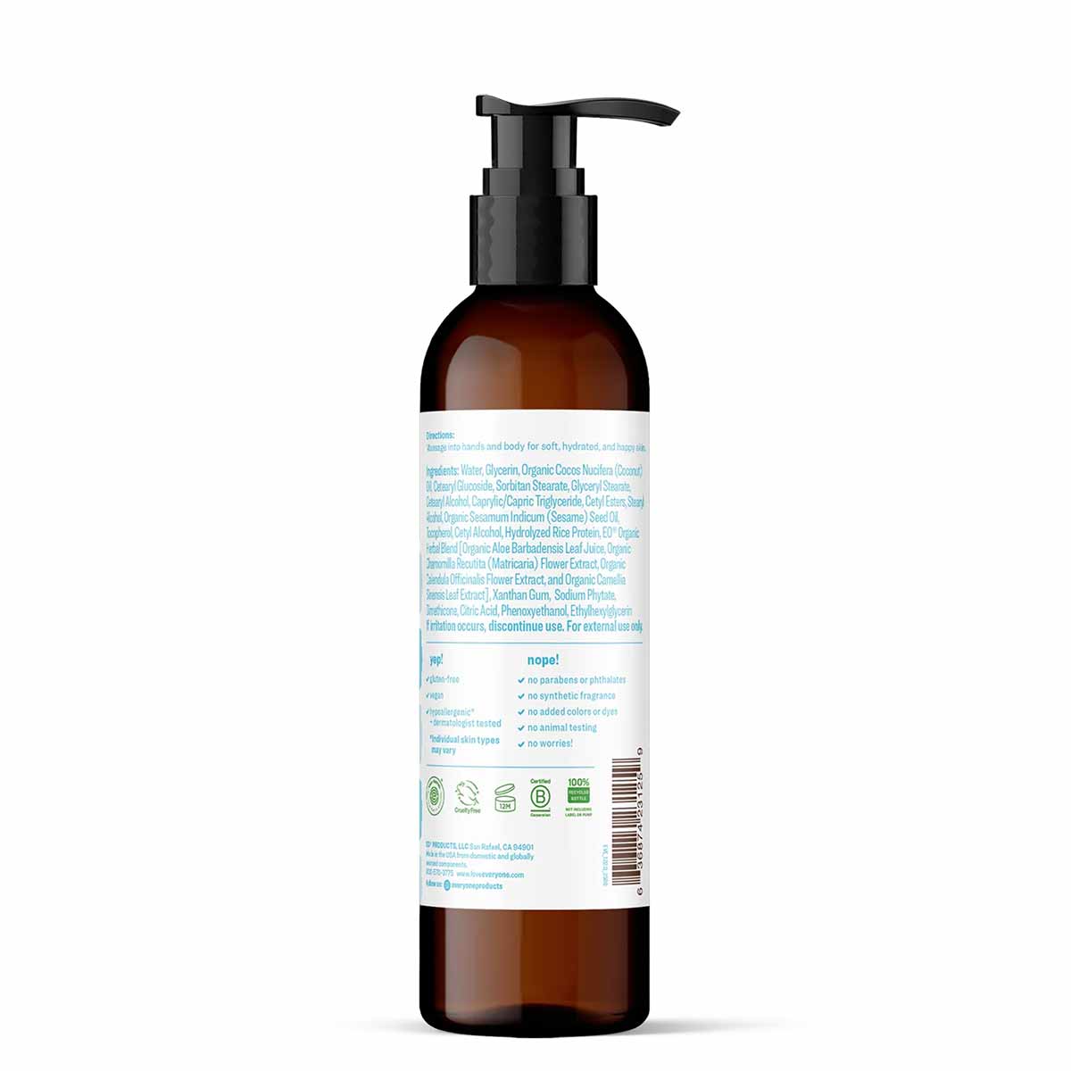 Amber glass bottle with black pump dispenser containing lotion with ingredient label and certification badges on back.