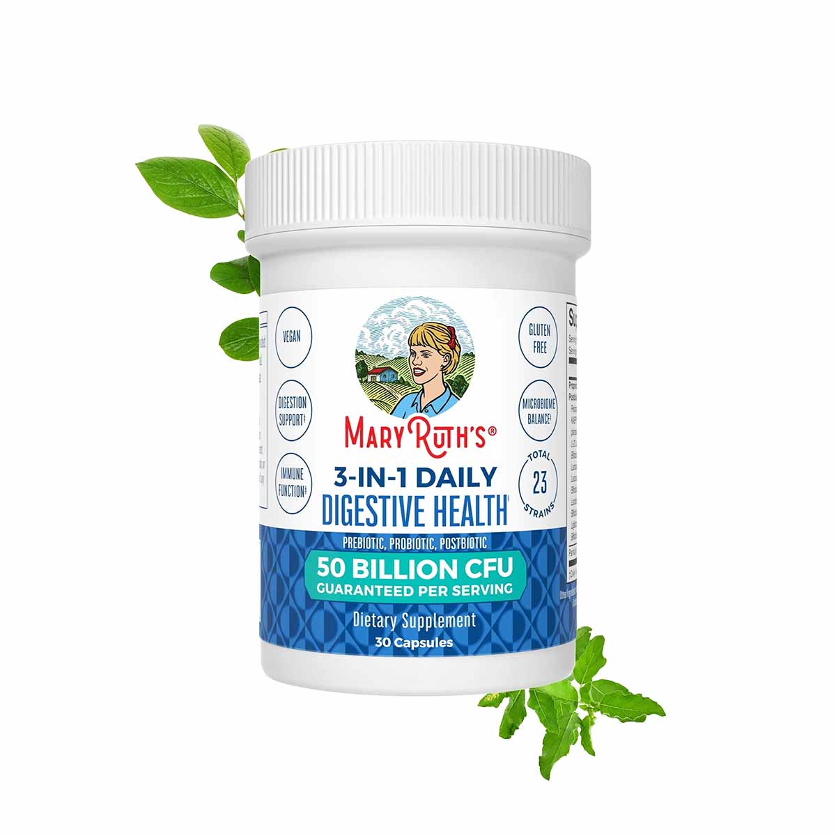 White plastic bottle of MaryRuth's 3-in-1 Daily Digestive Health supplement with blue label, 30 capsules, surrounded by green
