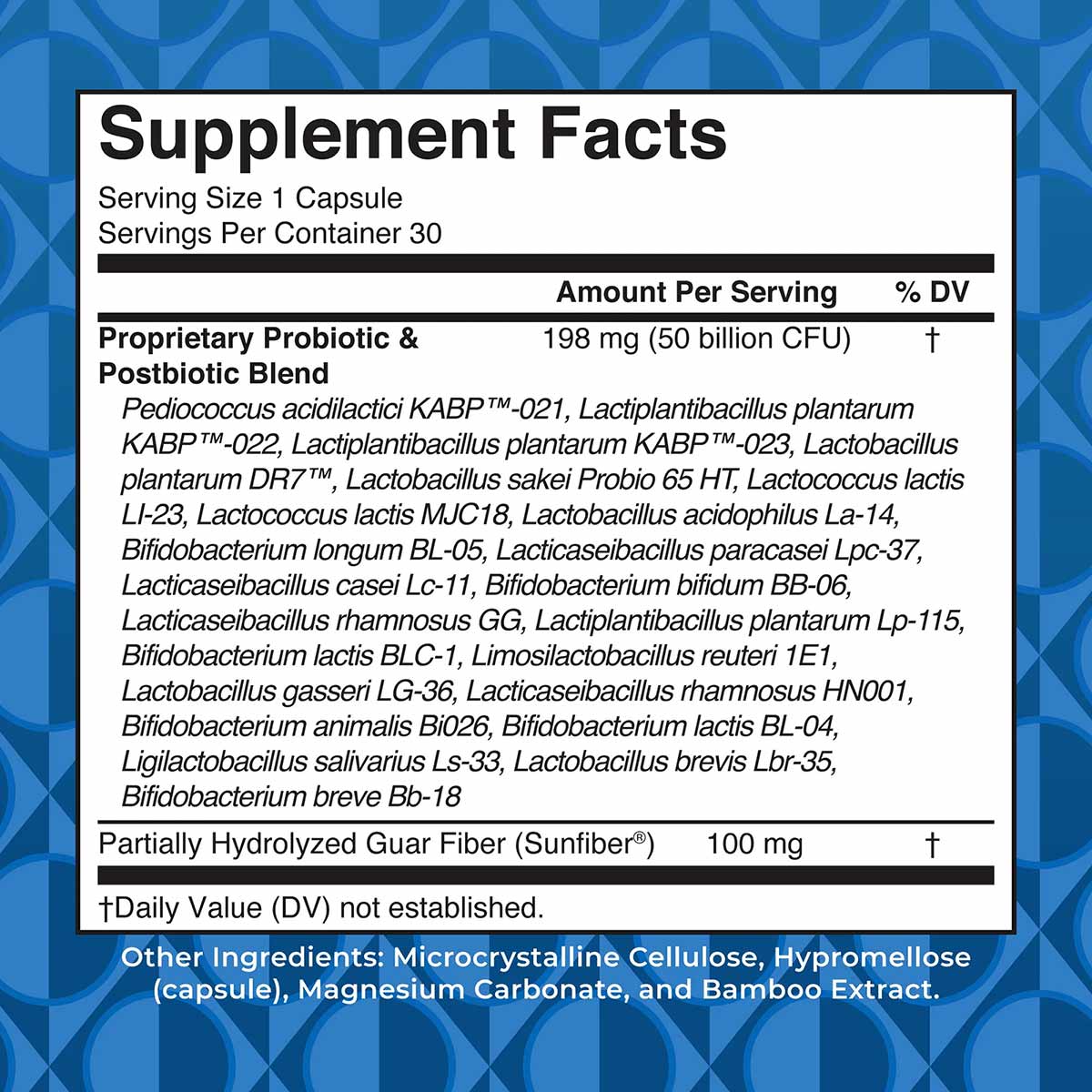 Supplement Facts label for MaryRuth's Organics 3-in-1 Daily Digestive Health showing serving size, probiotic blend, and guar 