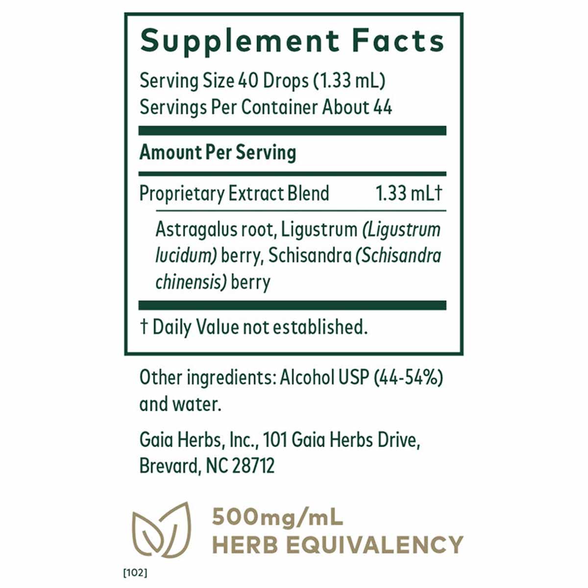 Supplement Facts label for Gaia Herbs 3-in-1 Immune Formula liquid extract with ingredients and dosage information.