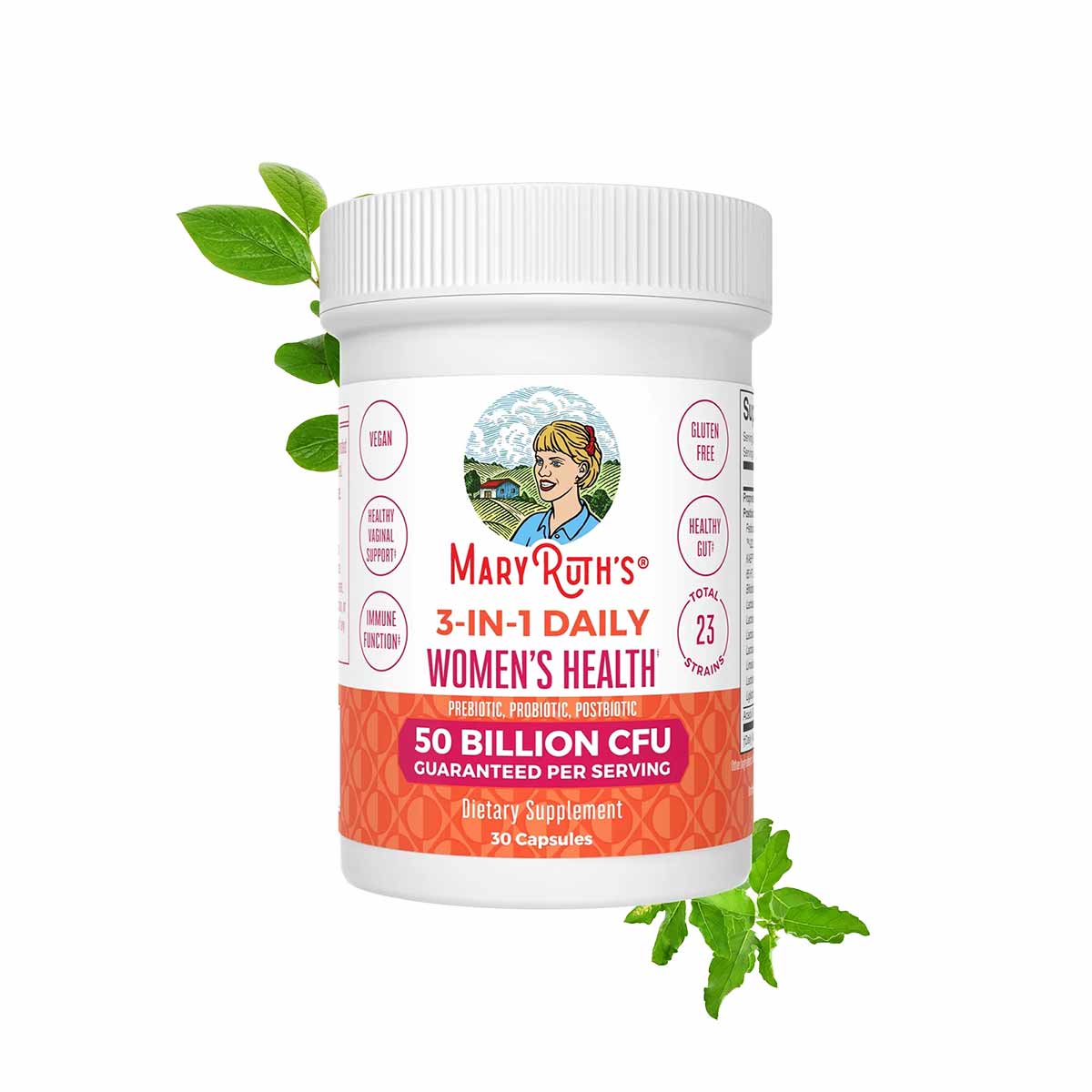 White dietary supplement bottle labeled MaryRuth's 3-in-1 Daily Women's Health with orange band, 50 capsules, surrounded by g