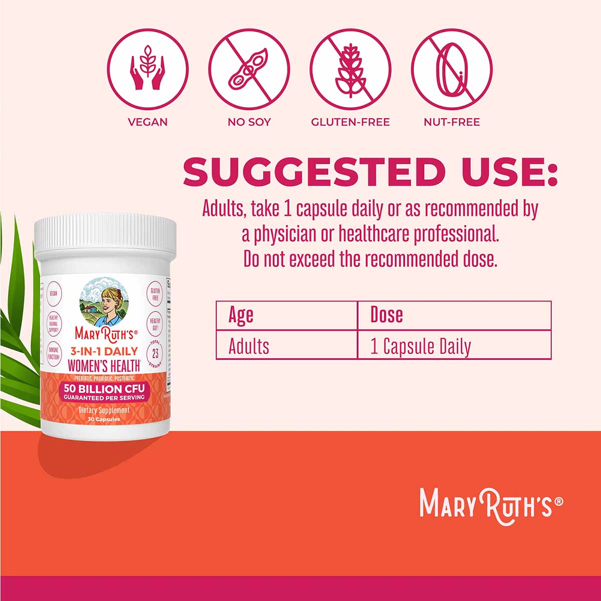 White plastic supplement bottle labeled "MaryRuth's 3-in-1 Daily Women's Health" with 50 billion CFU, displayed with vegan, n