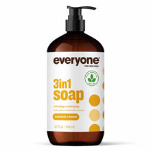 Brown bottle with black pump dispenser labeled "everyone 3in1 soap" in coconut lemon scent, 32 fl oz.