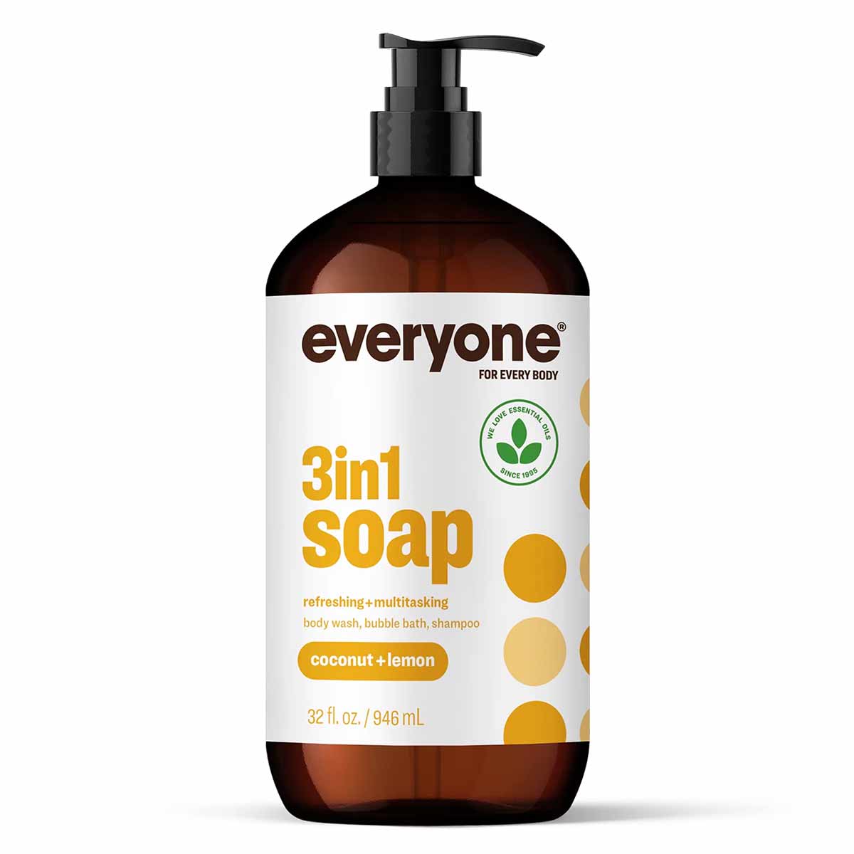 Brown bottle with black pump dispenser labeled "everyone 3in1 soap" in coconut lemon scent, 32 fl oz.