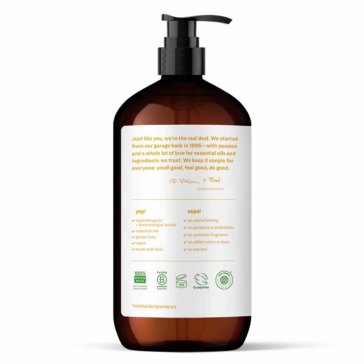 Amber glass pump bottle with white label containing product information, ingredients list, and certification logos.