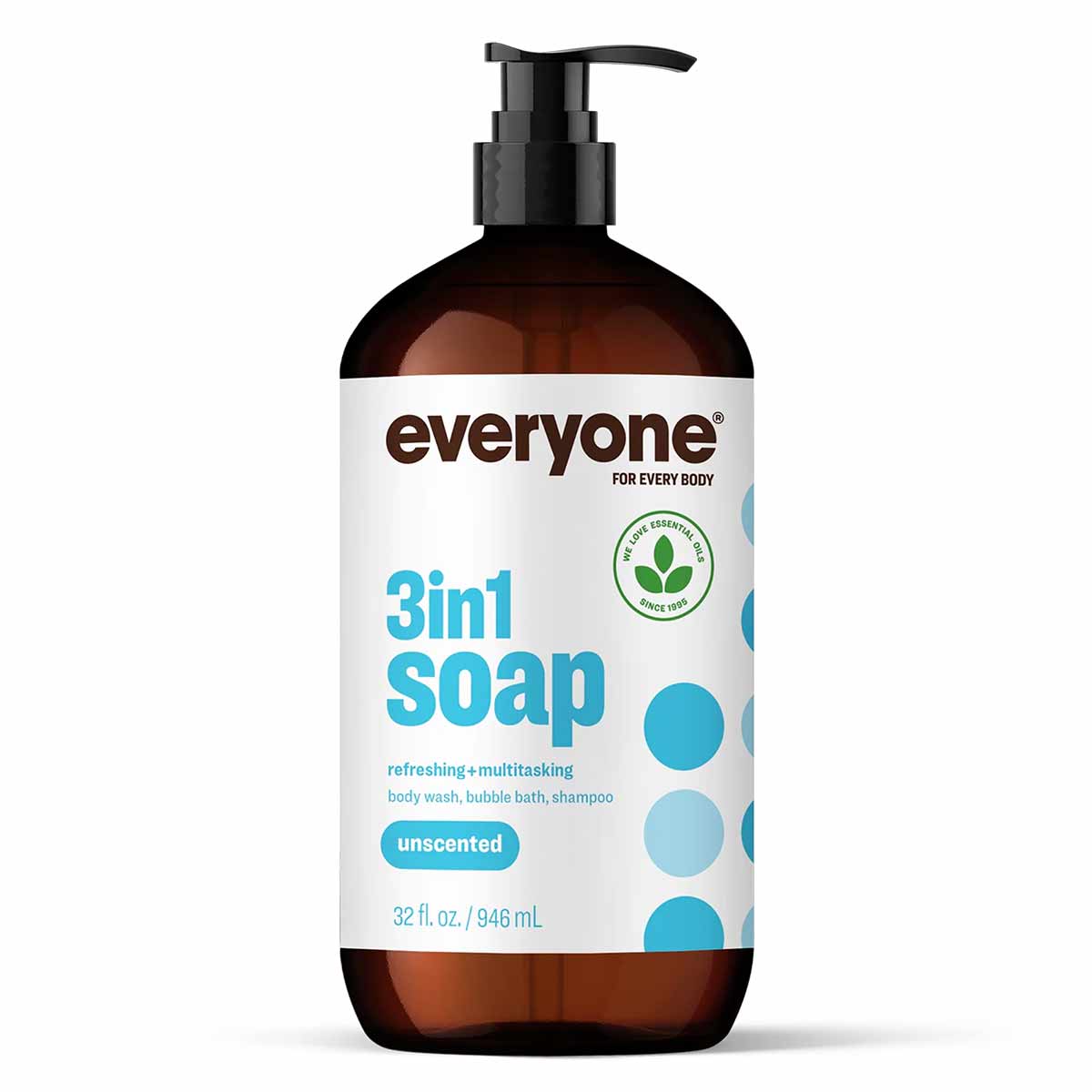 Brown glass pump bottle with white and blue label reading "everyone 3in1 soap, unscented" containing 32 fl oz.
