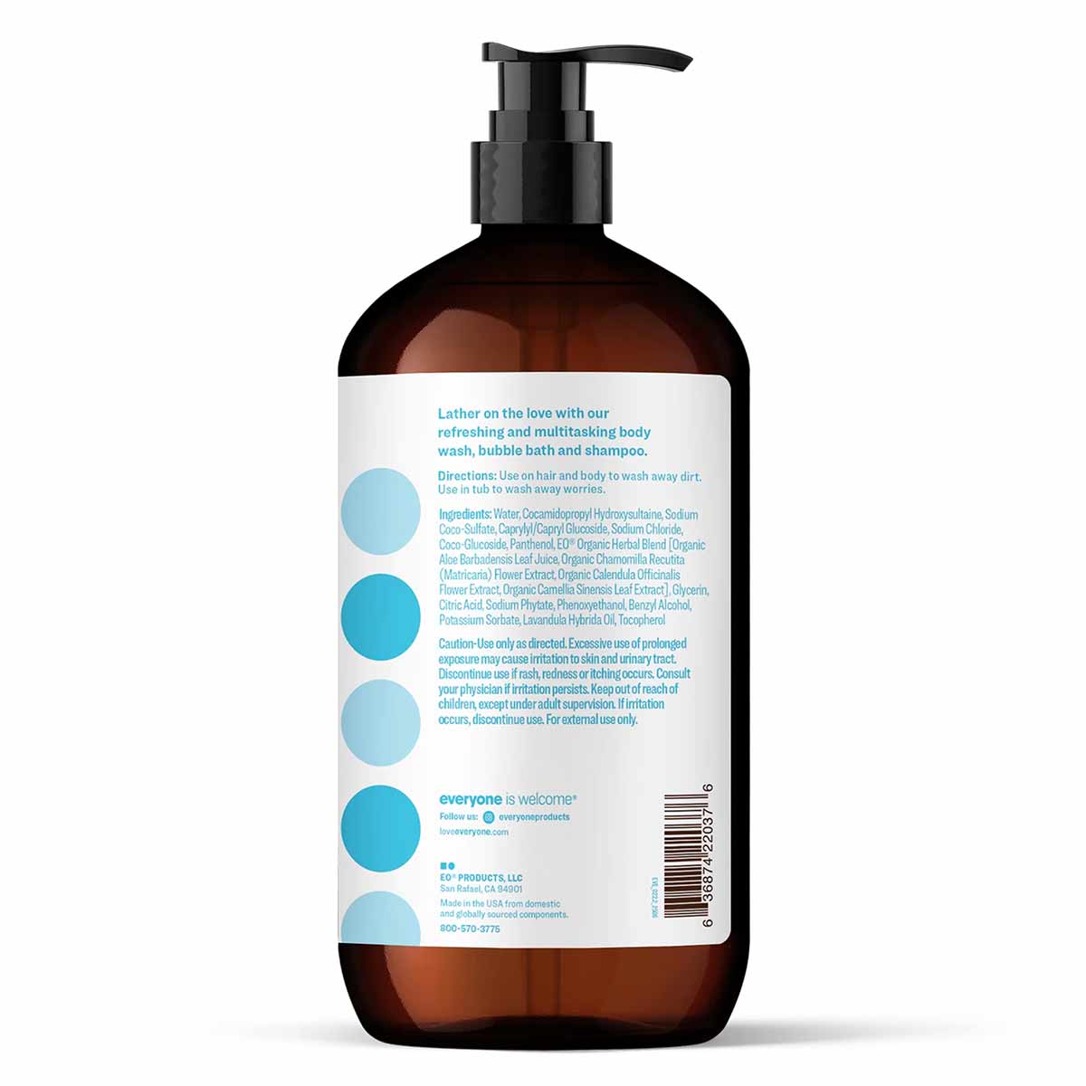 Brown pump bottle with white label containing blue circles and product information text.