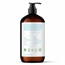 Amber glass pump bottle with white label containing product information, ingredients list, and certification badges.