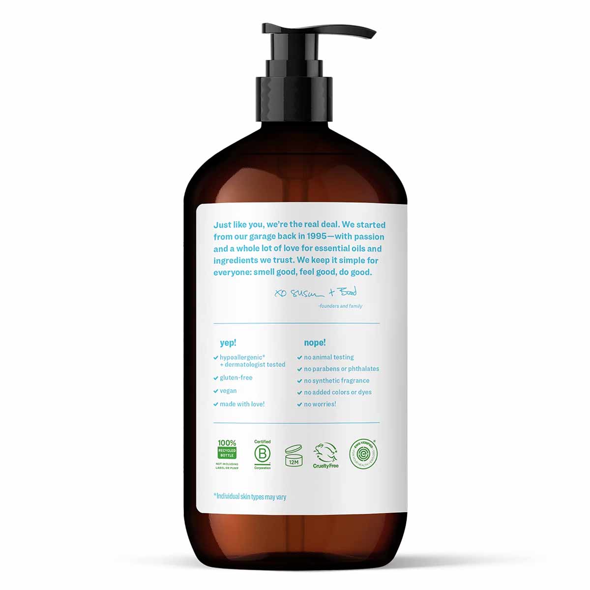 Amber glass pump bottle with white label containing product information, ingredients list, and certification badges.